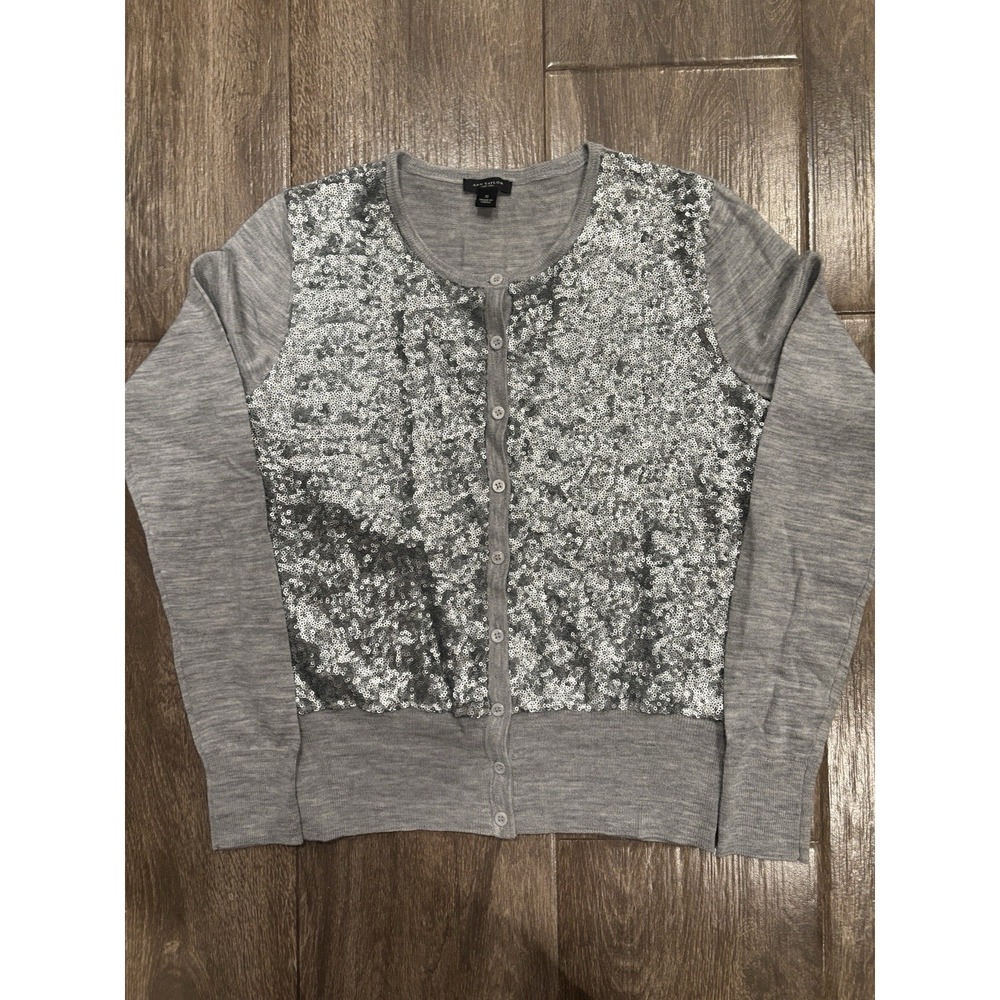 Ann Taylor Merino Wool Sparky Gray Button Down Cartigan Holiday Party EUC
